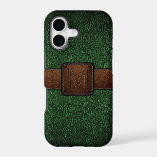 Dark green leather look brown tag