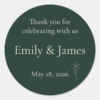 Dark Green Lily Personalised Wedding Thank You  Classic Round Sticker