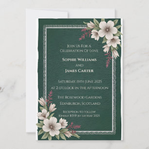 Dark Green Magnolia Celtic Border Scottish Wedding Invitation