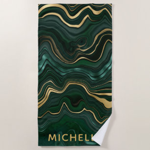 Dark Green Malachite and Gold Foil Strata Veining Beach Towel