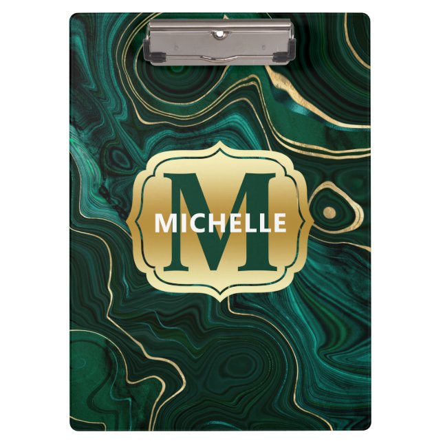 Dark Green Malachite and Gold Foil Strata Veining Clipboard (Front)