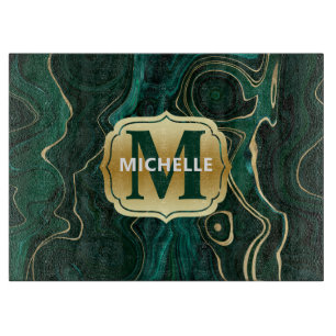 Dark Green Malachite and Gold Foil Strata Veining Cutting Board