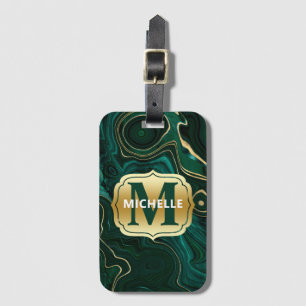 Dark Green Malachite and Gold Foil Strata Veining Luggage Tag