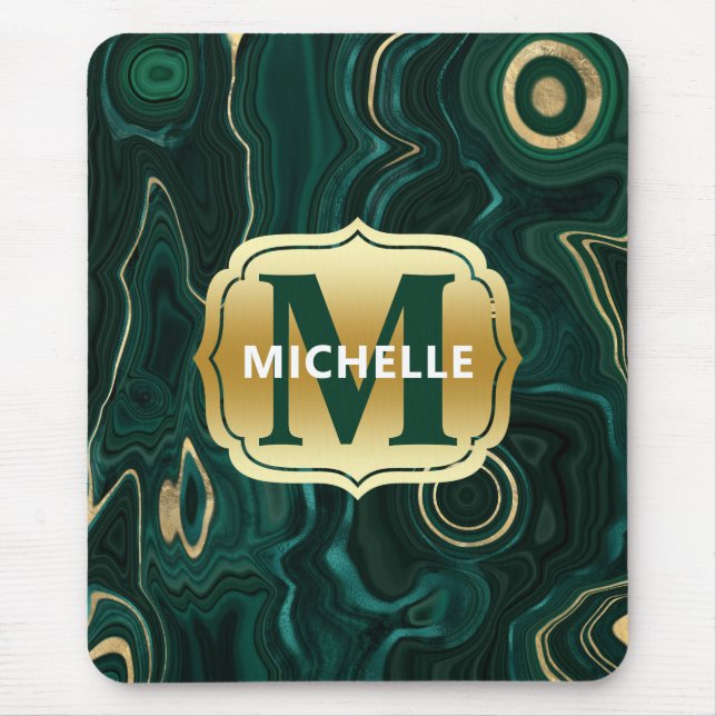 Dark Green Malachite and Gold Foil Strata Veining Mouse Mat (Front)