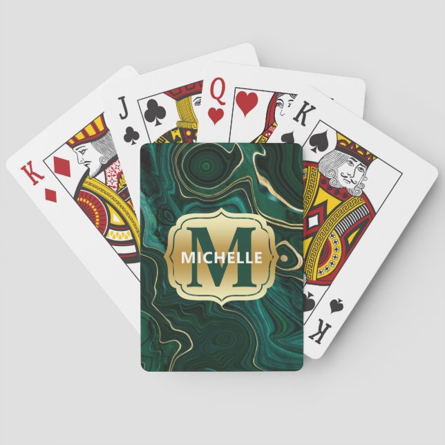 Dark Green Malachite and Gold Foil Strata Veining Playing Cards (Back)