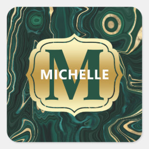 Dark Green Malachite and Gold Foil Strata Veining Square Sticker