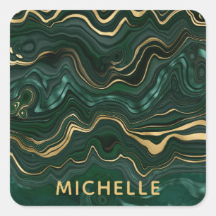 Dark Green Malachite and Gold Foil Strata Veining Square Sticker