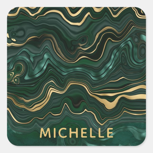 Dark Green Malachite and Gold Foil Strata Veining Square Sticker (Front)