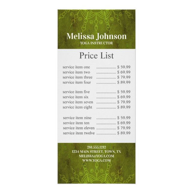 Dark Green Mandala Yoga Meditation Business Rack Card (Front)