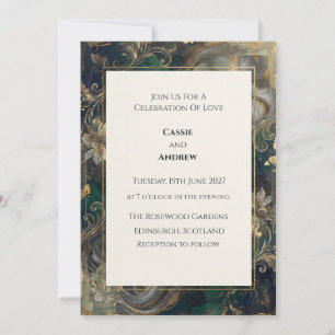 Dark Green Marble Gold Filigree Wedding Invitation