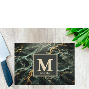 Dark Green Marble & Gold Vein Monogram  Cutting Board