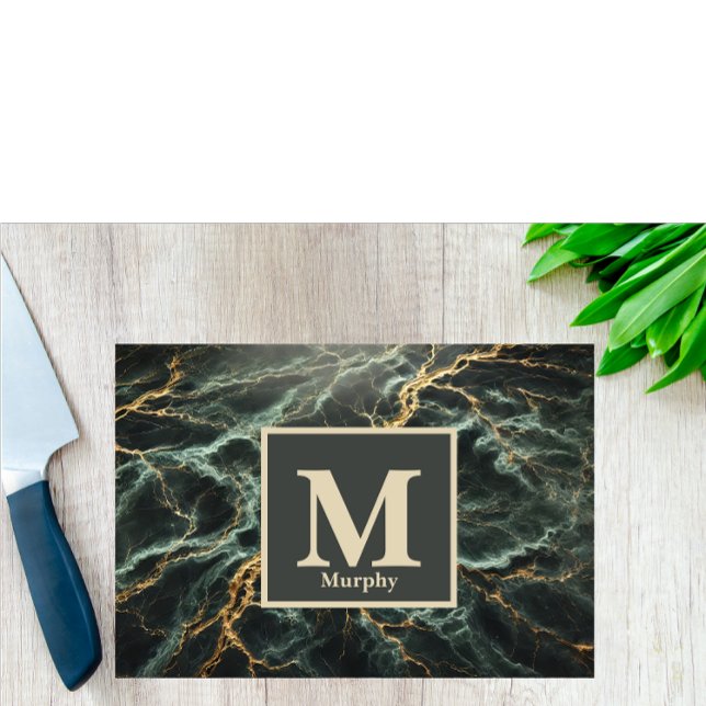 Dark Green Marble & Gold Vein Monogram  Cutting Board (Creator Uploaded)