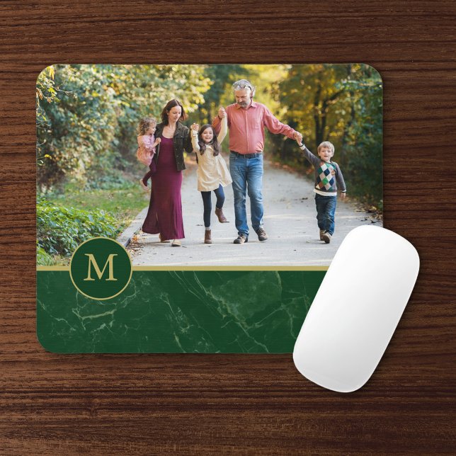 Dark Green Marble Tan Monogram Family Photo Mouse Mat (Creator Uploaded)