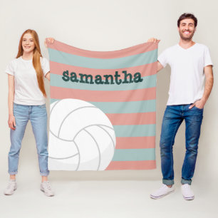 Dark Green & Melon Pink Giant Volleyball Striped Fleece Blanket