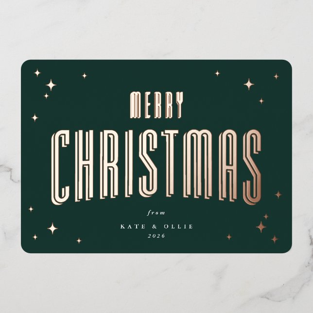 Dark Green Merry Christmas Retro Stars Flat Foil Holiday Card (Front)