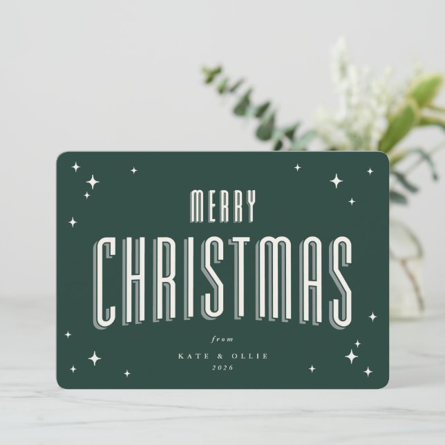 Dark Green Merry Christmas Retro Stars Flat Holiday Card (Standing Front)