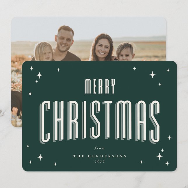 Dark Green Merry Christmas Retro Stars Flat Photo Holiday Card (Front/Back)