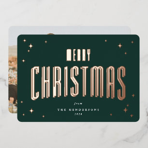 Dark Green Merry Christmas Retro Stars Photo Foil Holiday Card