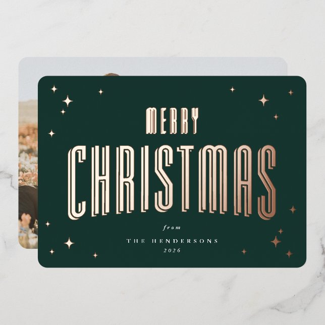Dark Green Merry Christmas Retro Stars Photo  Foil Holiday Card (Front/Back)