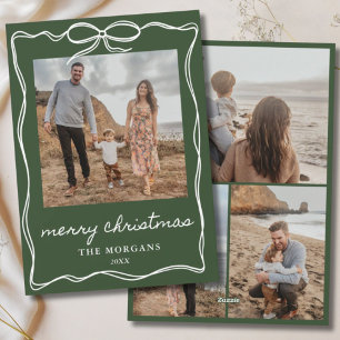 Dark Green Minimalist Bow Christmas 4 Photo Family Holiday Card