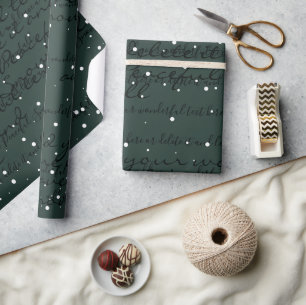 Dark Green Minimalist Custom Script Text Snowfall Wrapping Paper