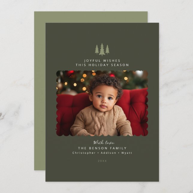 Dark Green Minimalist Modern Photo Christmas Card (Front/Back)