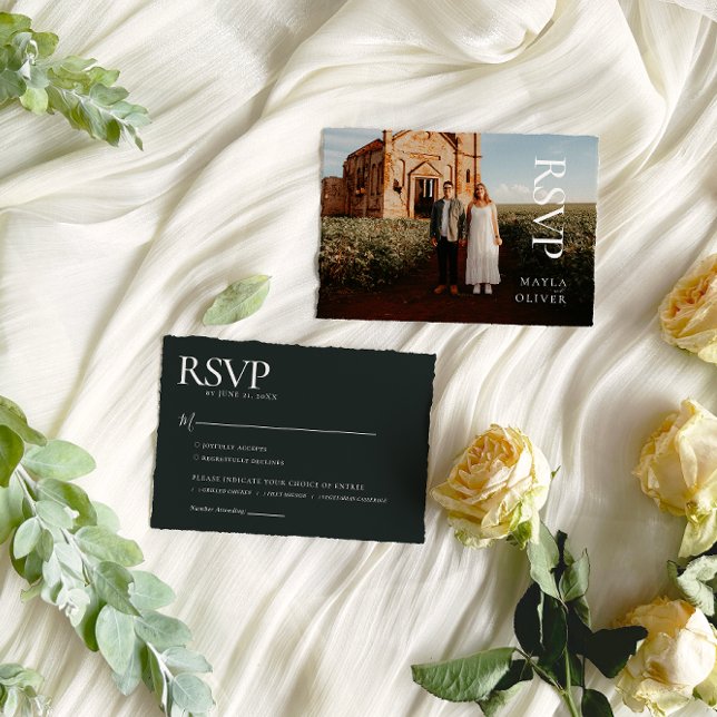 Dark Green Minimalist Wedding Photo RSVP Card (Creator Uploaded)
