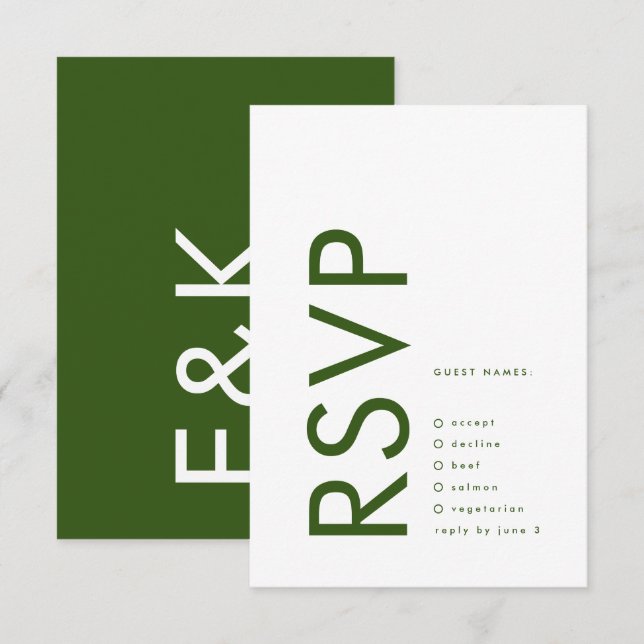 Dark Green Modern Bold Big Monogram Simple Wedding RSVP Card (Front/Back)