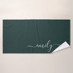 Dark Green Modern Script Monogram Name Bath Towel