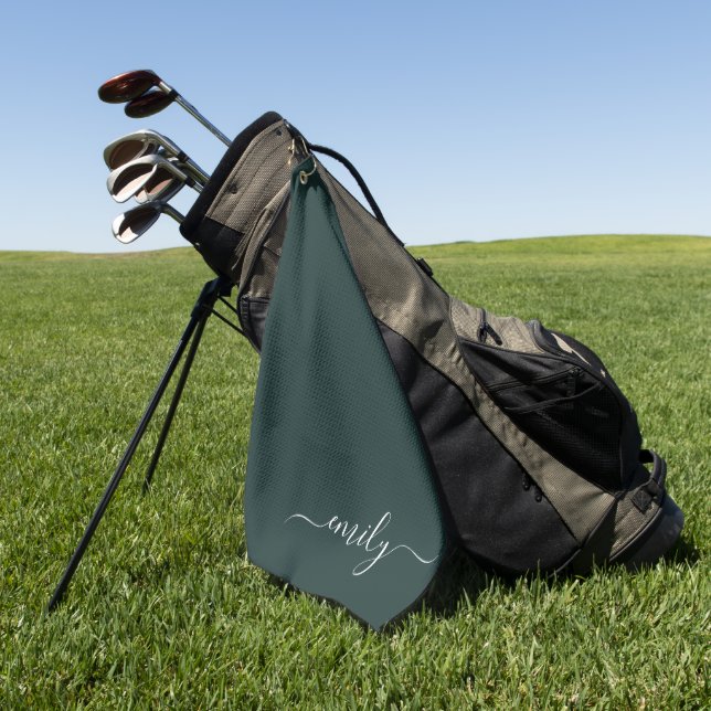 Dark Green Modern Script Monogram Name Golf Towel (Green)
