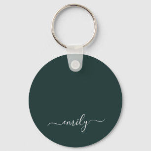 Dark Green Modern Script Monogram Name Key Ring