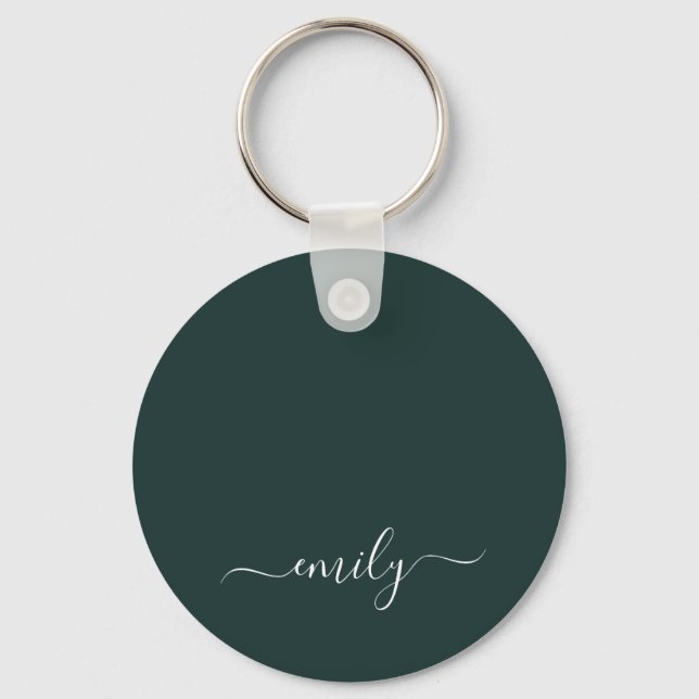 Dark Green Modern Script Monogram Name Key Ring (Front)