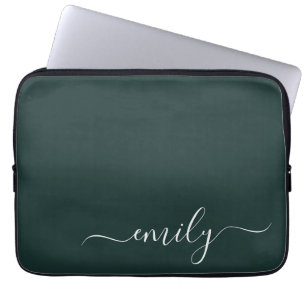 Dark Green Modern Script Monogram Name Laptop Sleeve