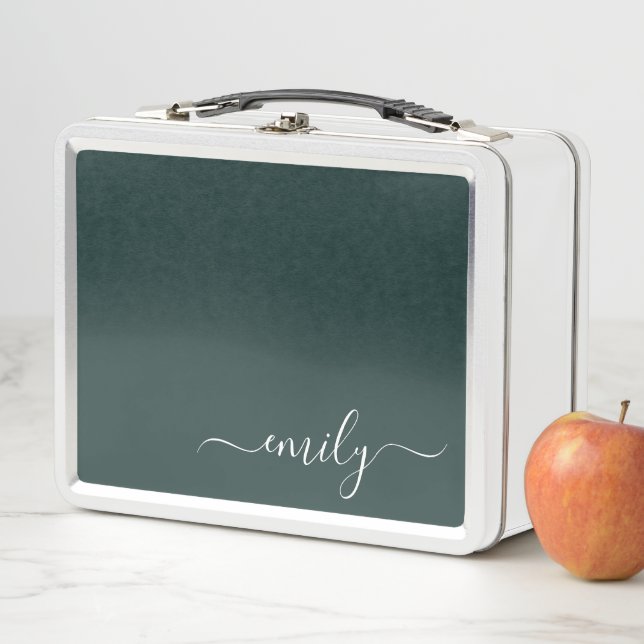 Dark Green Modern Script Monogram Name Metal Lunch Box (In Situ)