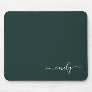 Dark Green Modern Script Monogram Name Mouse Mat