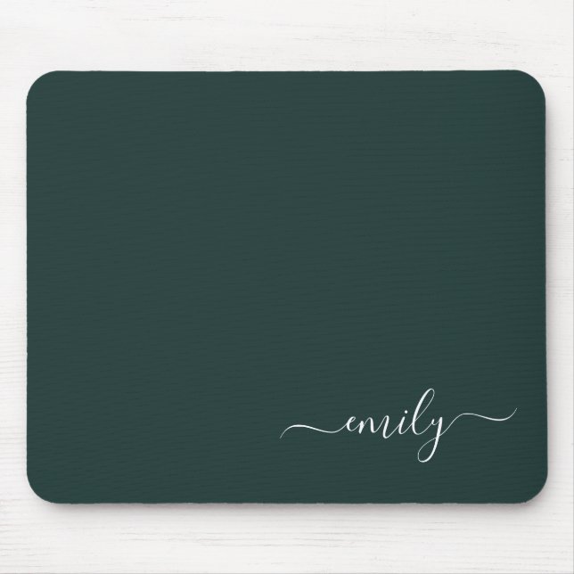 Dark Green Modern Script Monogram Name Mouse Mat (Front)