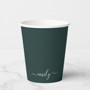 Dark Green Modern Script Monogram Name Paper Cups