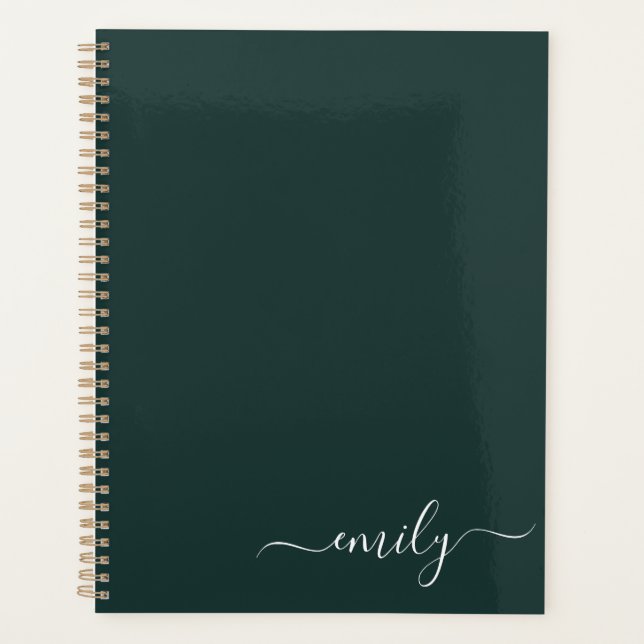 Dark Green Modern Script Monogram Name Planner (Front)