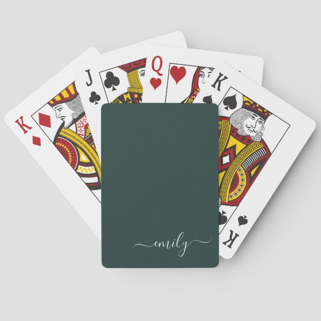 Dark Green Modern Script Monogram Name Playing Cards (Back)