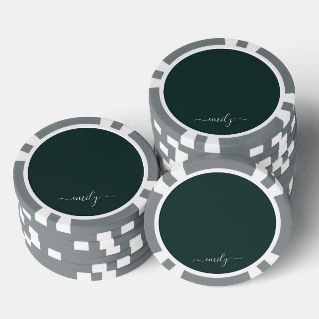 Dark Green Modern Script Monogram Name Poker Chips (Stack)