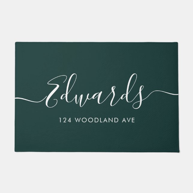 Dark Green Modern Script Personalised Doormat (Front)