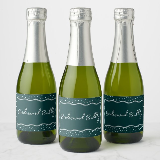 Dark Green Modern Whimsical Bridesmaid Bubbly Mini Sparkling Wine Label (Bottles)