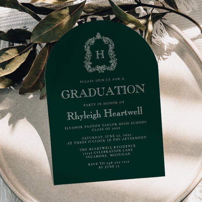 Dark Green Monogram Crest Arch Graduation Party Invitation (Creator Uploaded)