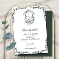Dark Green Monogram Floral Vintage Crest Wedding