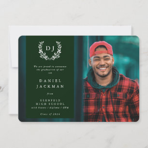 Dark Green Monogram Laurel Wreath Graduation Photo Announcement