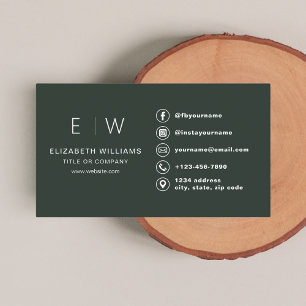 Dark Green Monogram Minimalist Social Media Icons Business Card