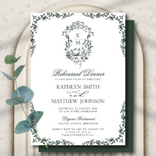 Dark Green Monogram Vintage Crest Rehearsal Dinner Invitation
