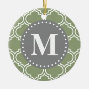 Dark Green Moroccan Lattice Pattern Monogram Ceramic Tree Decoration