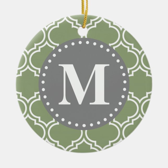 Dark Green Moroccan Lattice Pattern Monogram Ceramic Tree Decoration (Front)