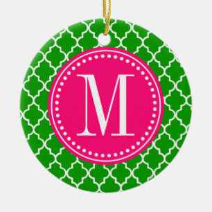 Dark Green Moroccan Tiles Lattice Personalised Ceramic Tree Decoration
